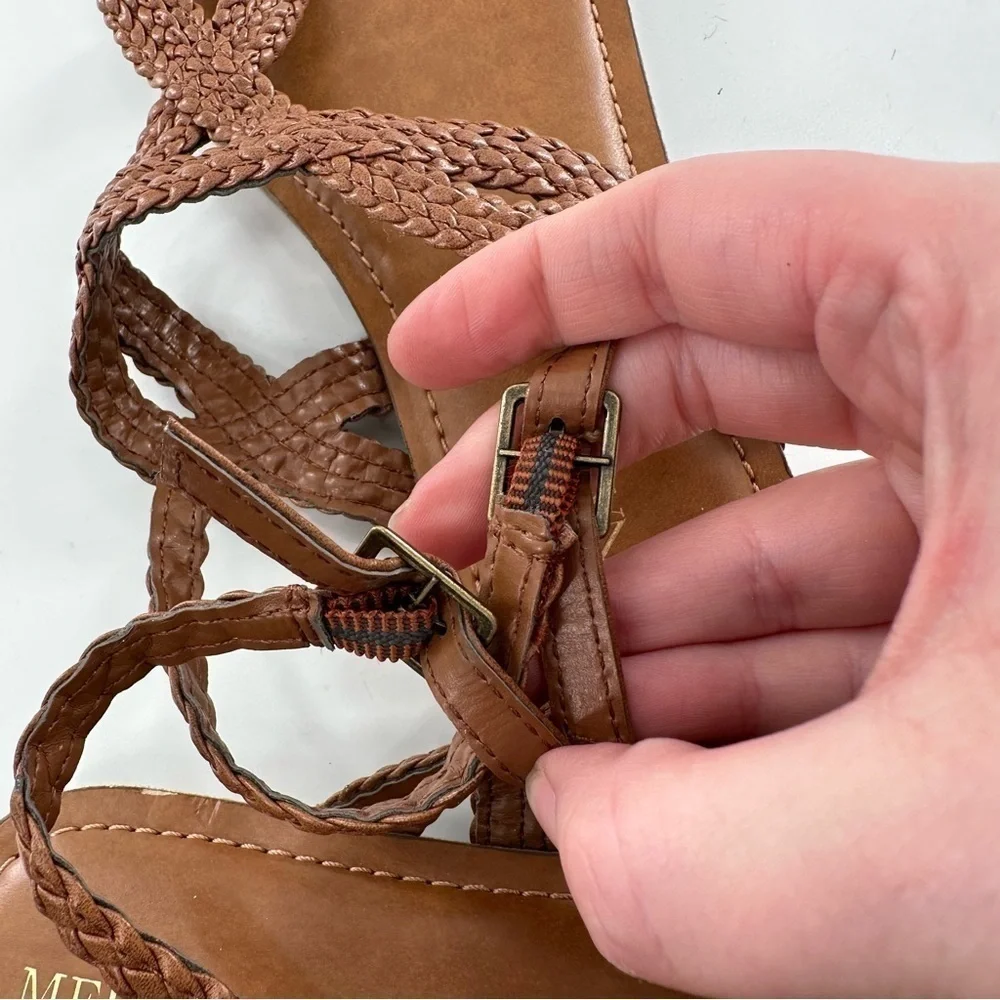 Merona sandals size 7 tan faux leather braided  T-strap vegan boho festival